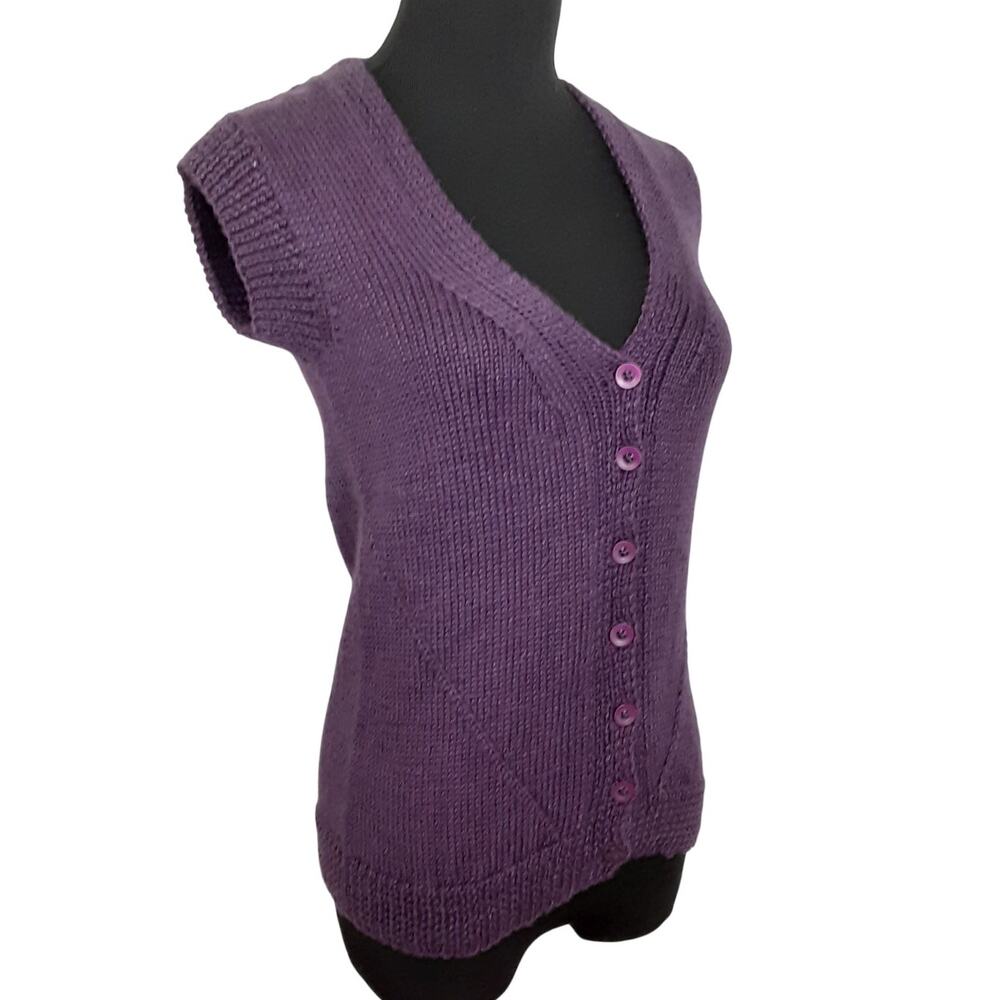 Vintage Y2K Crochet Sweater Vest Fitted Button Up Purple V-Neck 90s S Academia
